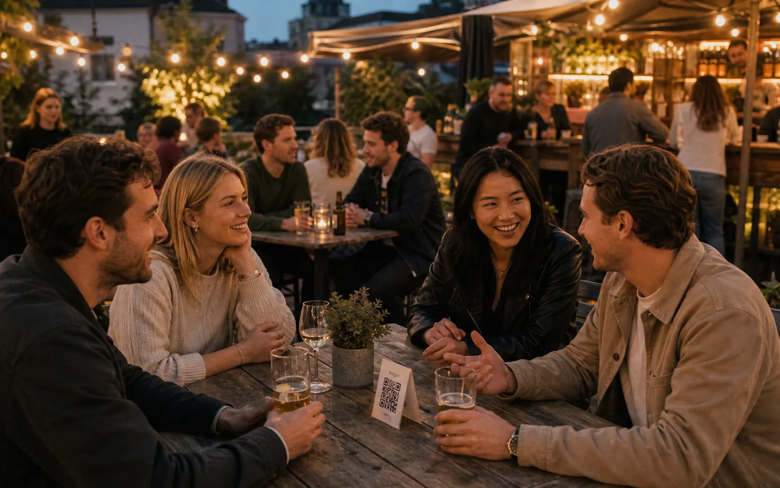 Junge Erwachsene sitzen auf einer Barterrasse mit einem QR-Tischaufsteller und sprechen miteinander.