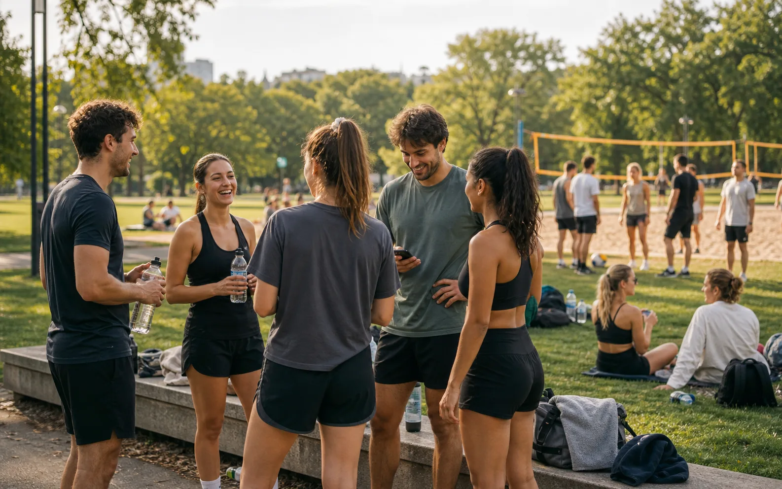 Sportliche Gruppe unterhält sich nach einer Aktivität im Park, im Hintergrund wird Beachvolleyball gespielt.